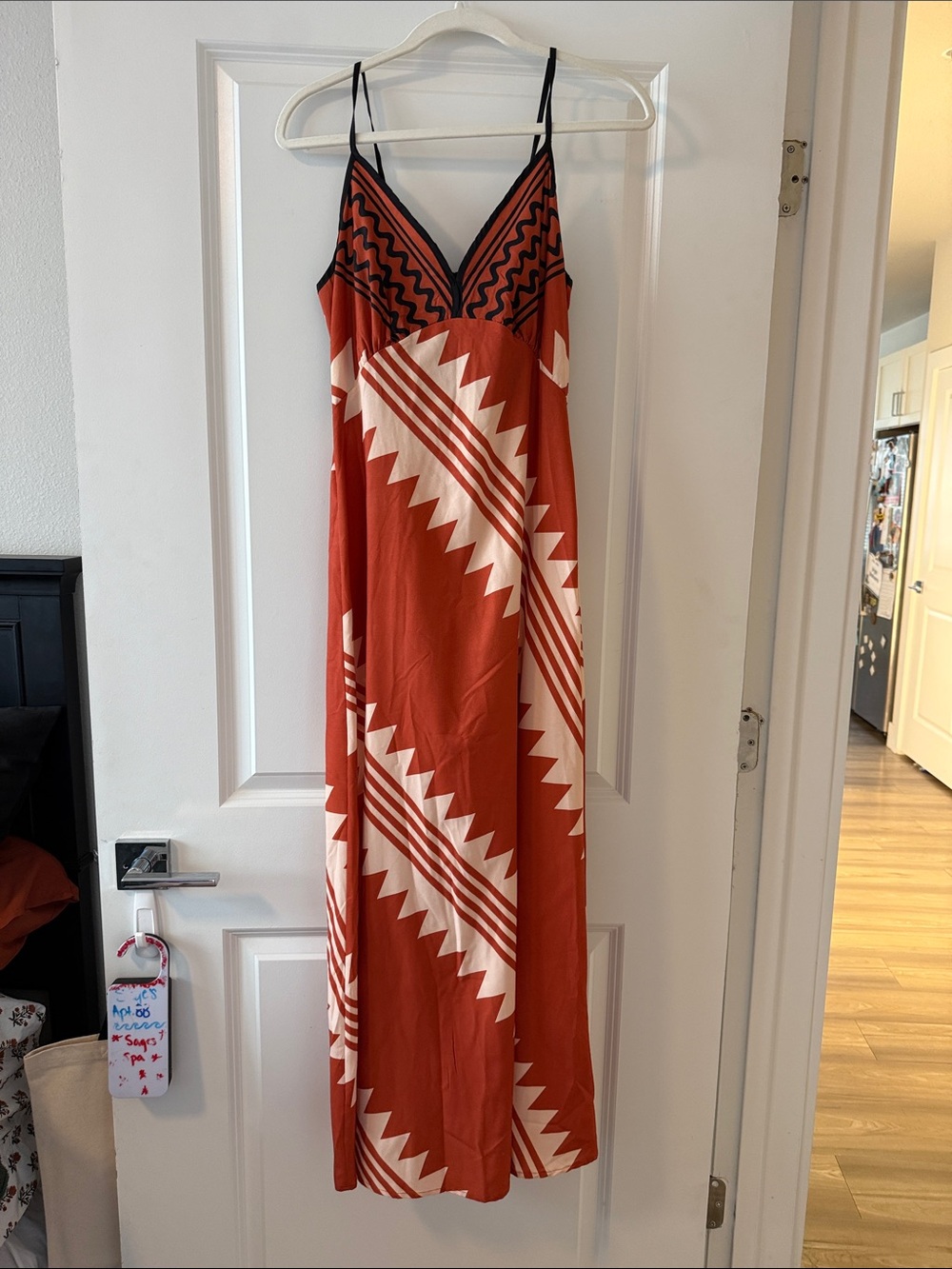 Rust Red Geometric Maxi Dress with V-Neck